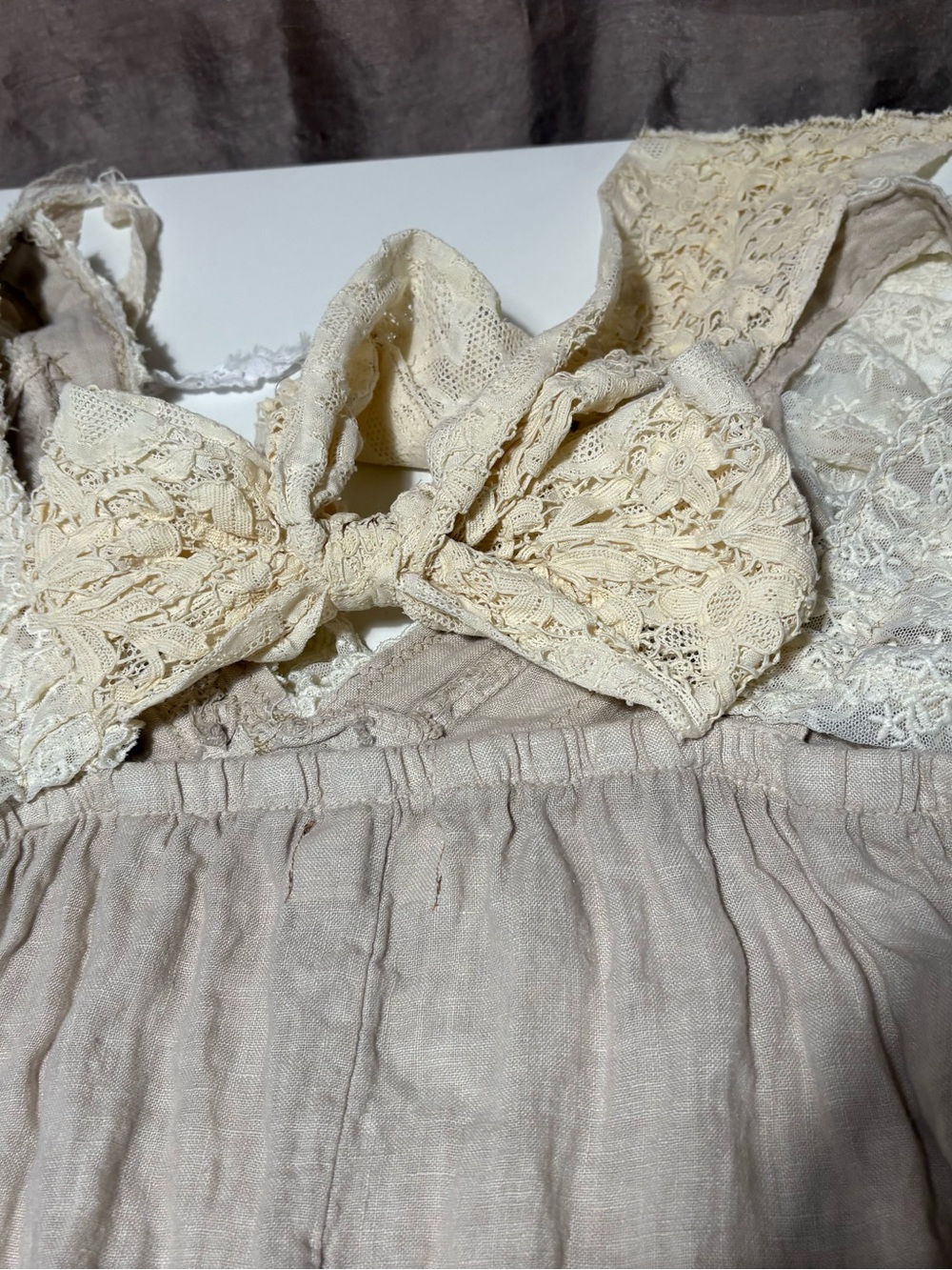 Vtg  Lace Italian Linen V-Neck Upcycled Dress Handmade Sz Med Slight Low Hem - Picture 12 of 14